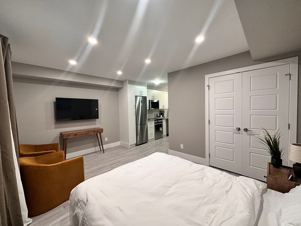 a bedroom with a large bed and a tv and a kitchen