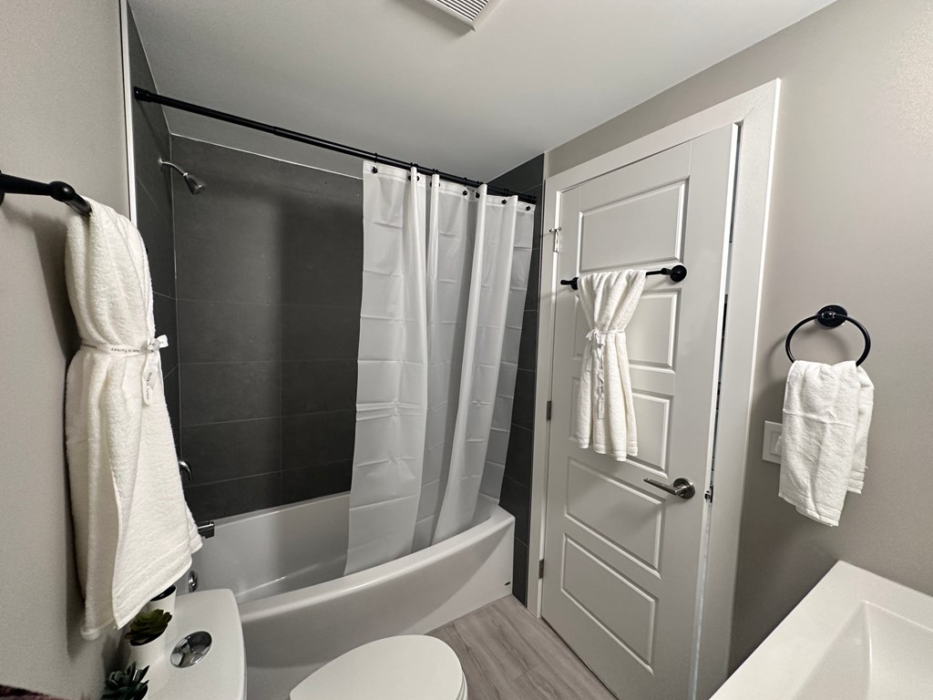 a bathroom with a shower and a toilet and a sink