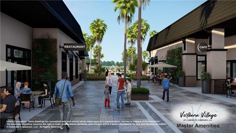 a rendering of a pedestrian walkway between shops and restaurants