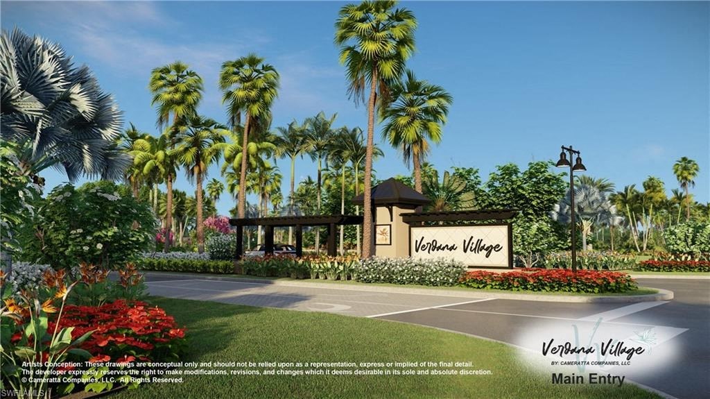 a rendering of the entrance with palm trees