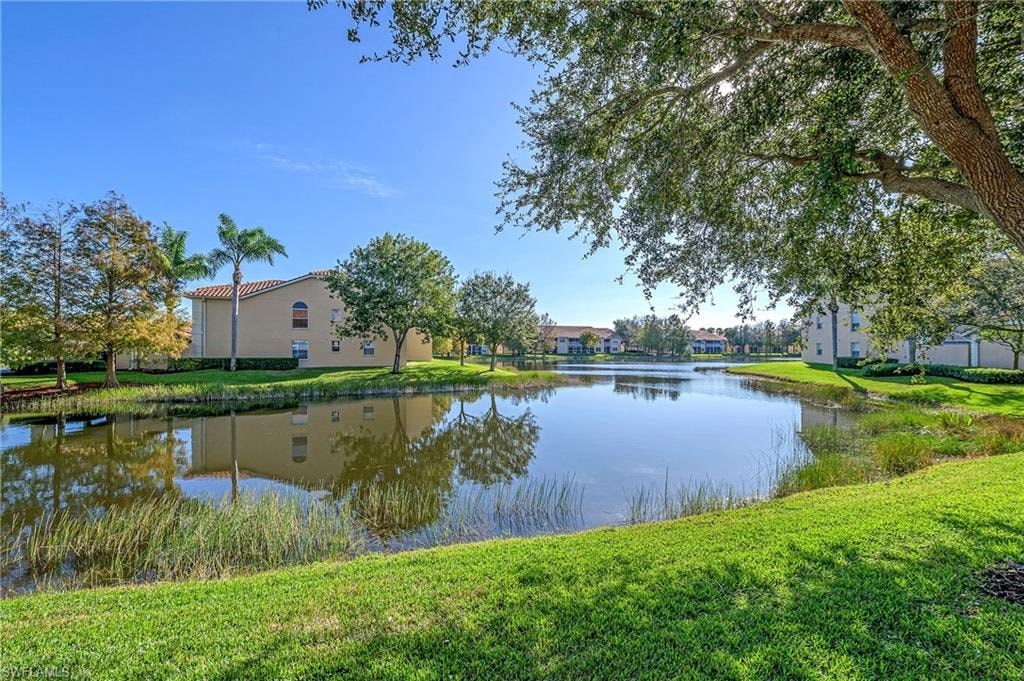 a pond with apartments in the background and trees