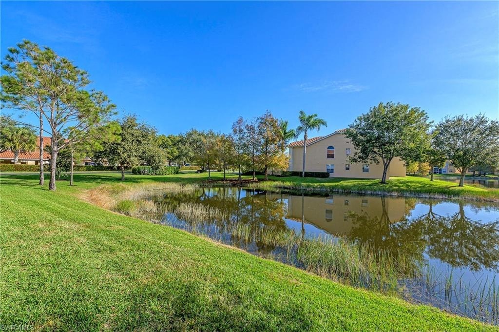 a pond with a building in the background