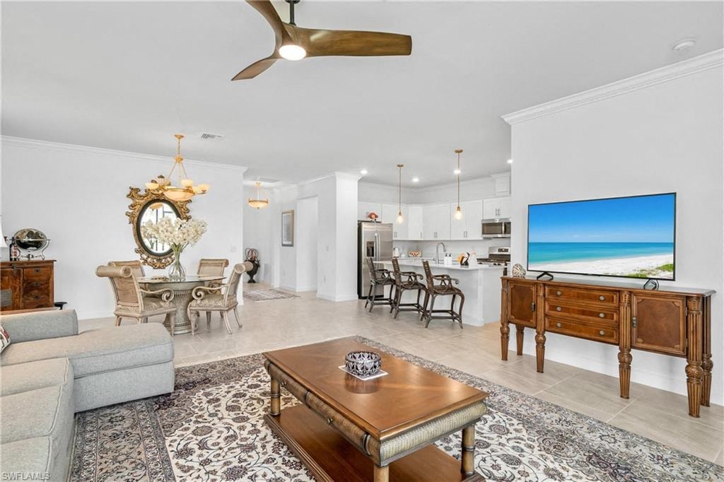 a living room with a couch and a table