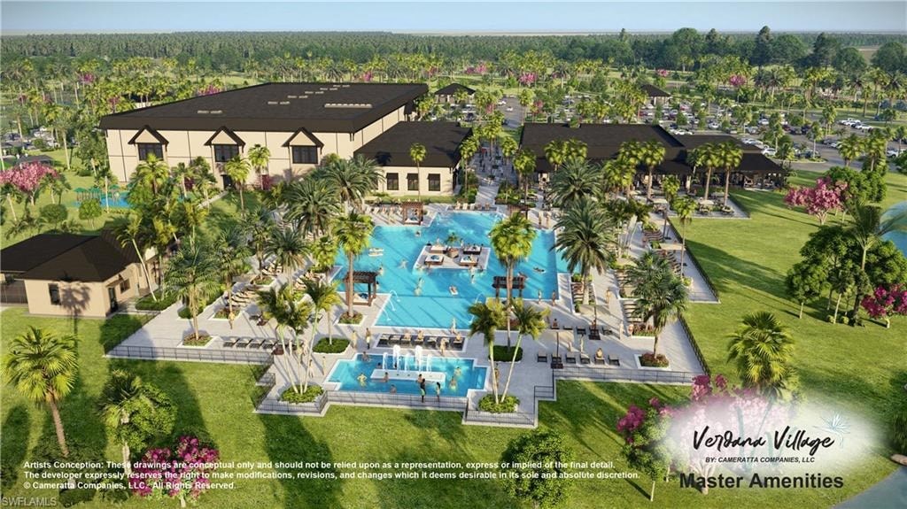a rendering of a resort with a large swimming pool