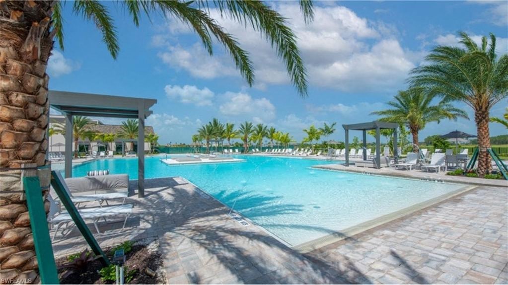 a large swimming pool with chairs and palm trees