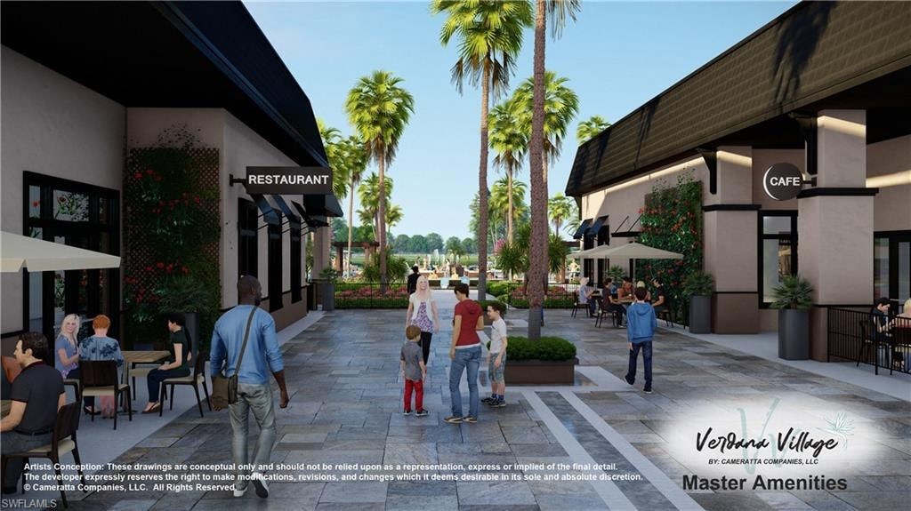 a rendering of a pedestrian walkway between shops and restaurants