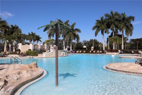 a large swimming pool with palm trees