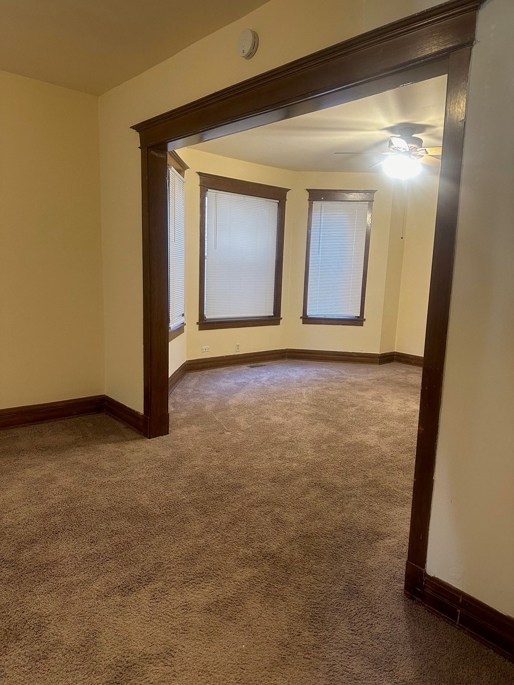 an empty living room with two windows and a carpet