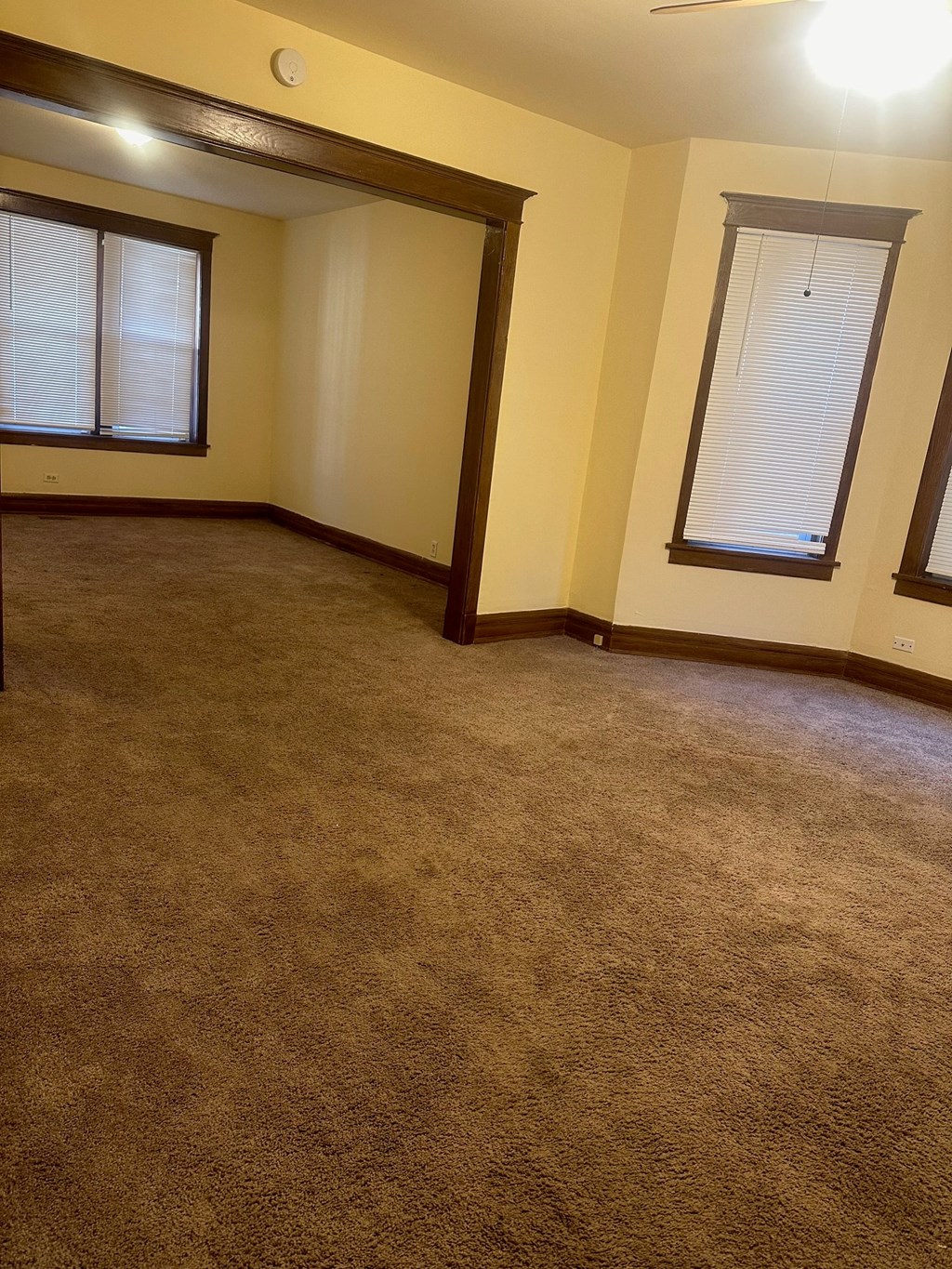 an empty living room with a carpeted floor and two windows