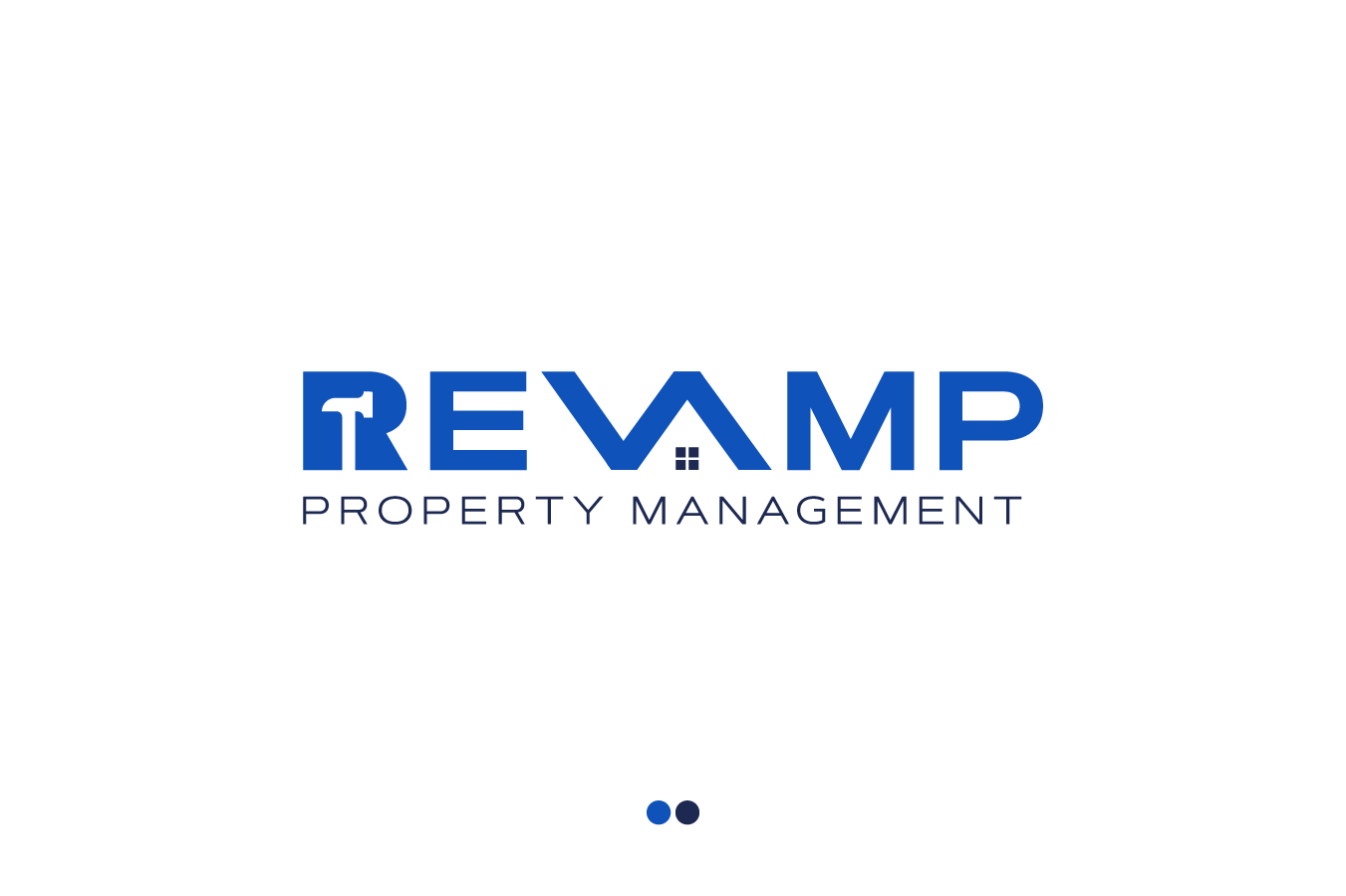 A blue and white logo for a company called Revamp Property Management.