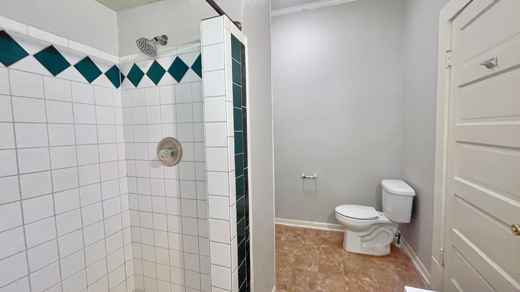 a bathroom with a toilet and a tiled shower