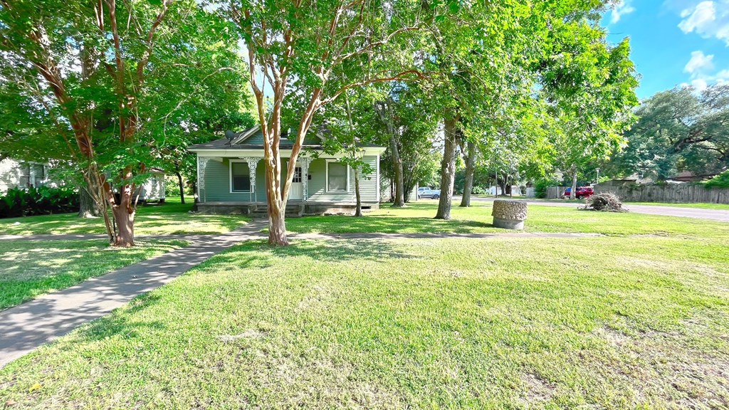 a small green house with trees in front of it