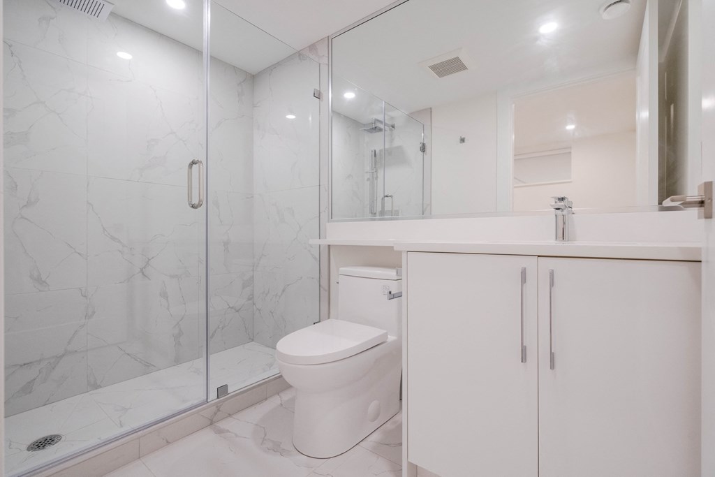 a white bathroom with a shower and a toilet