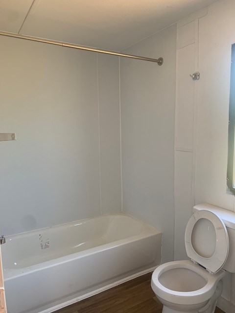 A white toilet in a bathroom with a white bathtub.