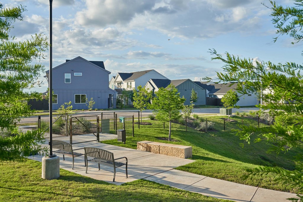 A park with a bench and a tree in the foreground and houses in the background.