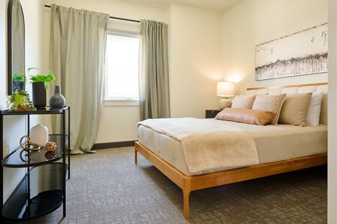 A bedroom with a bed, nightstand, and a plant on a shelf.