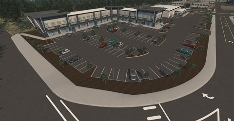 a rendering of a parking lot with a building in the background