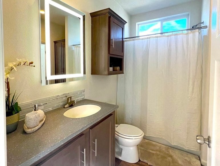 a bathroom with a sink and a toilet and a shower