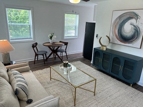 a living room with a couch and a table