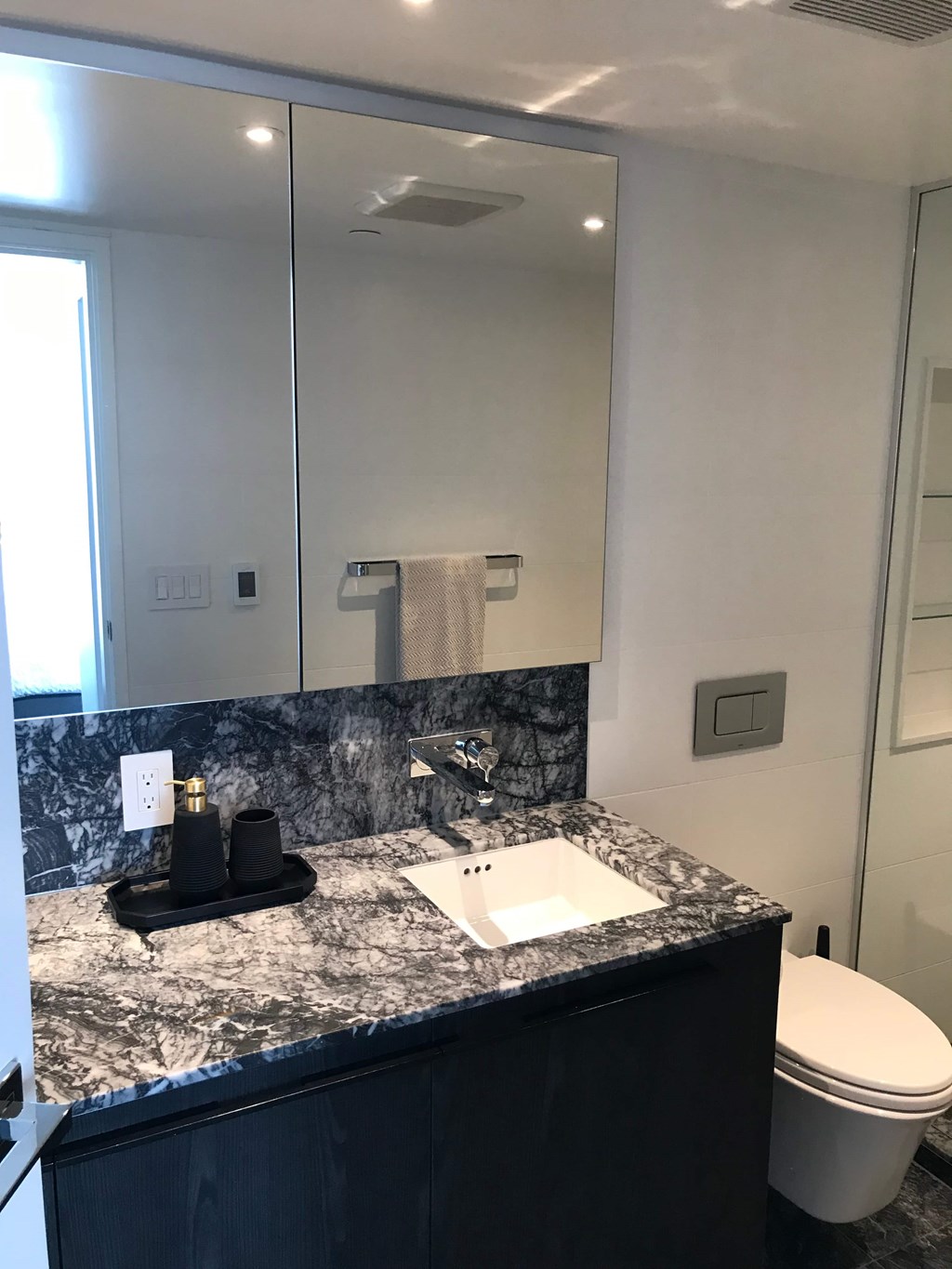 a bathroom with a sink and a toilet and a mirror