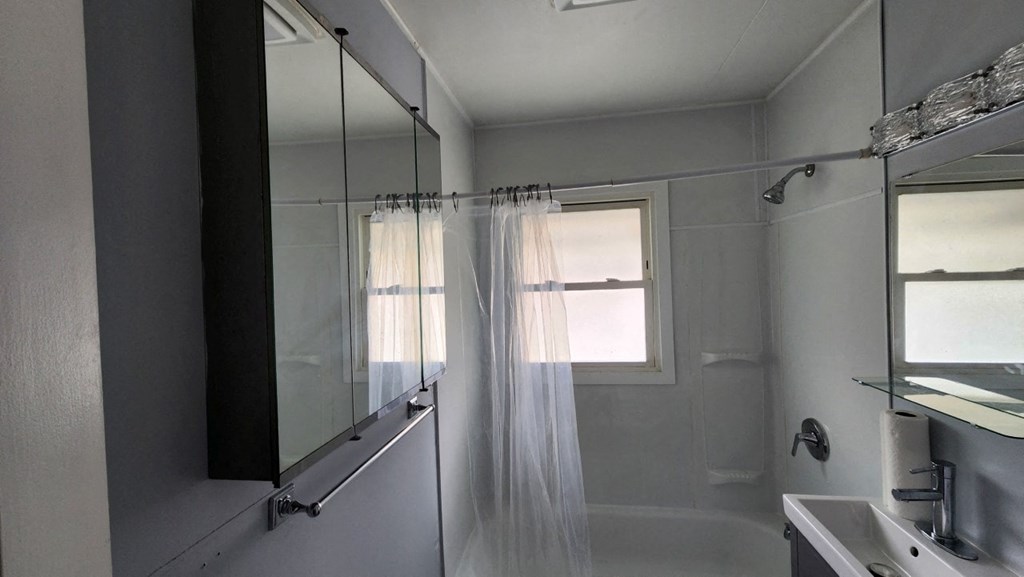 a bathroom with a shower and a sink and a mirror