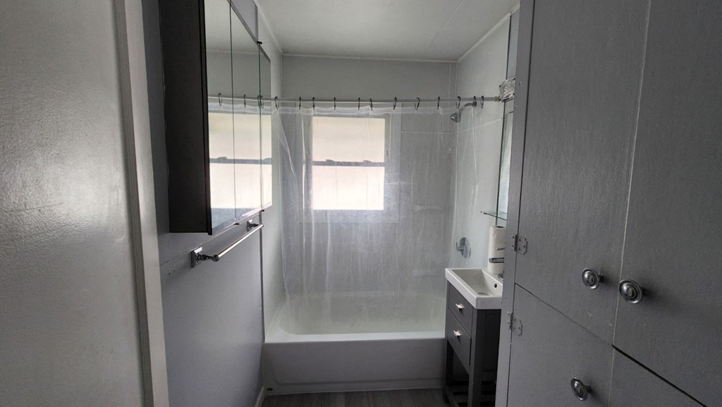 a small bathroom with a shower and a sink