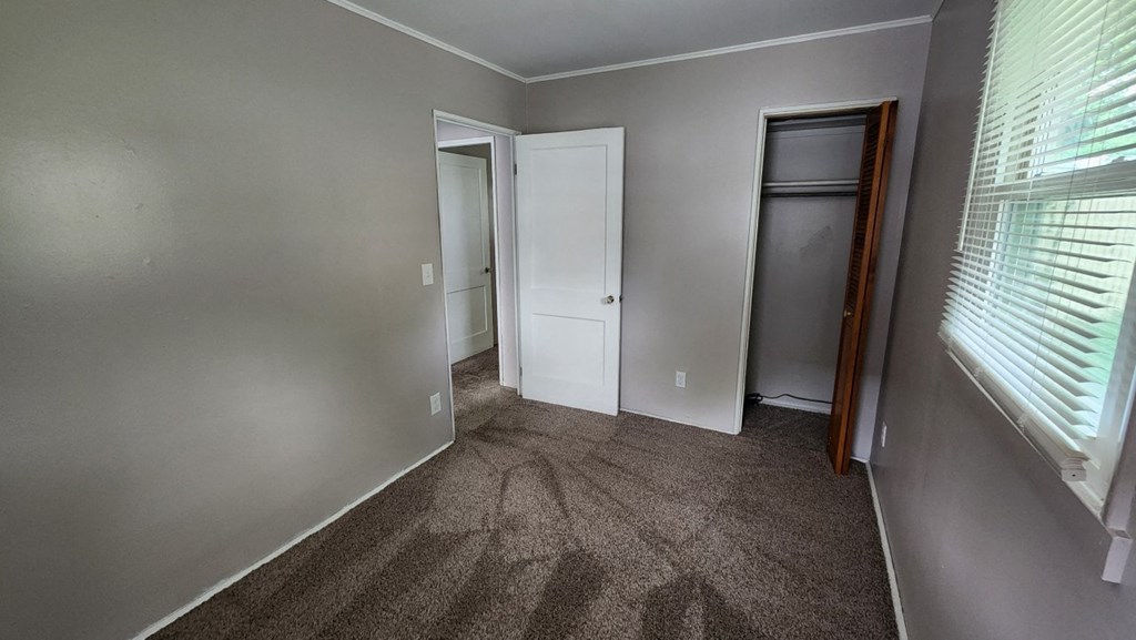 a room with a carpeted floor and a window