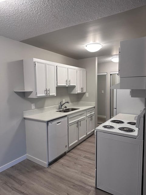 a kitchen with white appliances and white cabinets and a stove and a sink