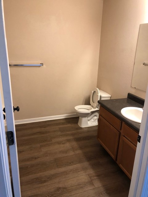 A bathroom with a toilet, sink, and wooden floors.