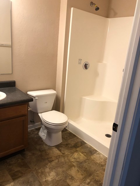 A white toilet sits in a bathroom next to a sink.