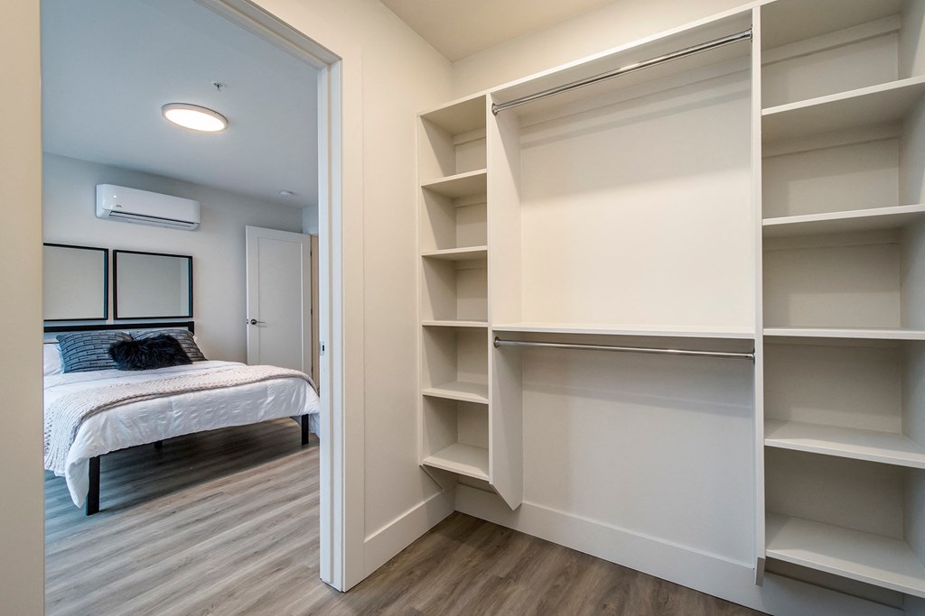 a bedroom with a closet and a bed