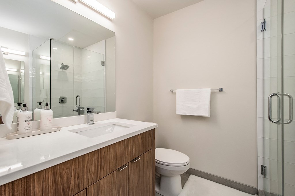 a bathroom with a large mirror and a toilet and a sink