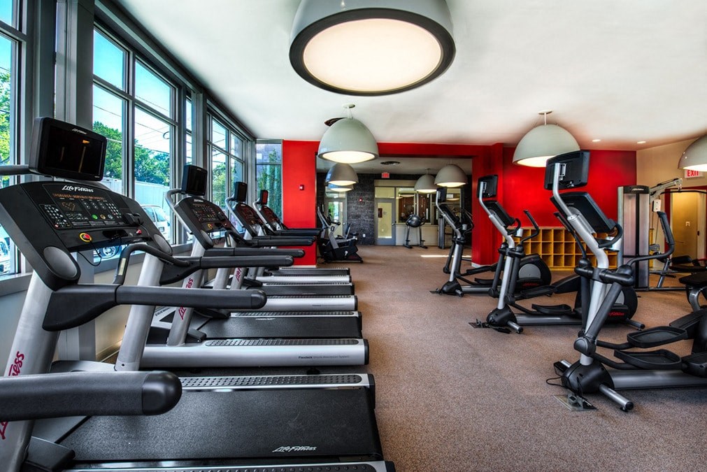 a gym with cardio equipment and windows in a fitness center