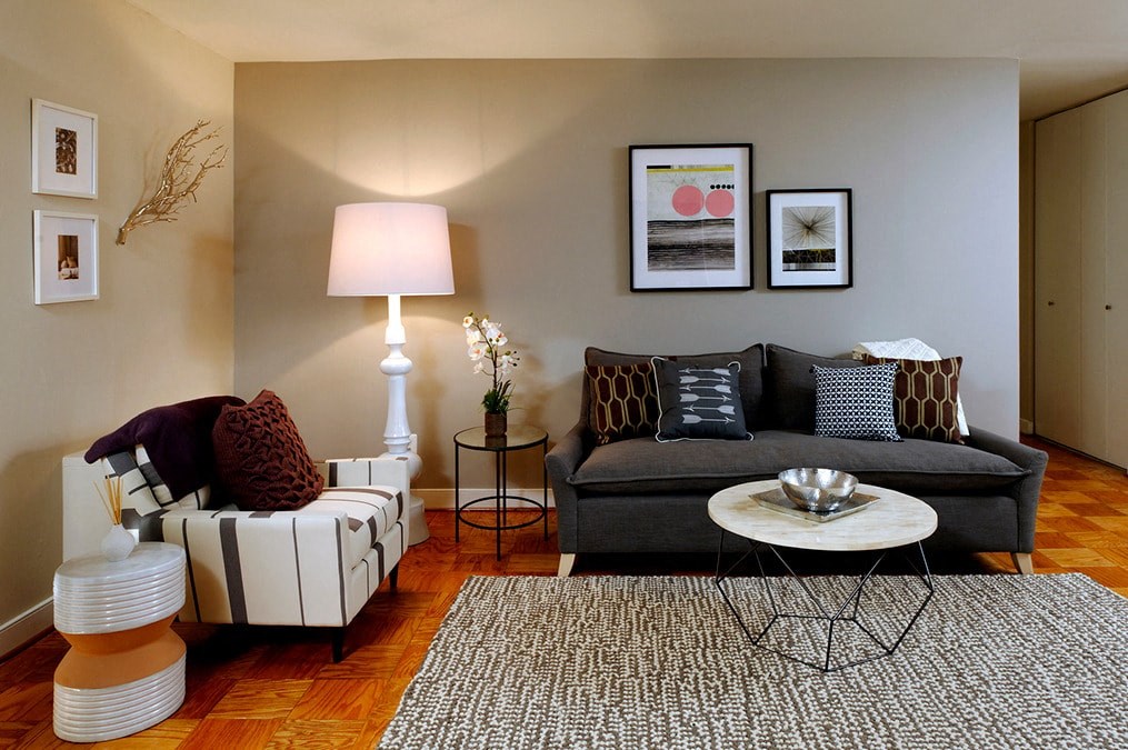 a living room with a couch and a chair and a rug