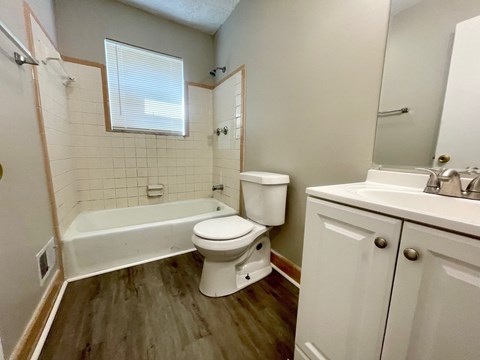 a bathroom with a toilet and a tub and a sink