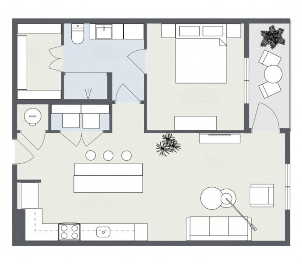 A floor plan of a house with a kitchen, living room, and dining area.