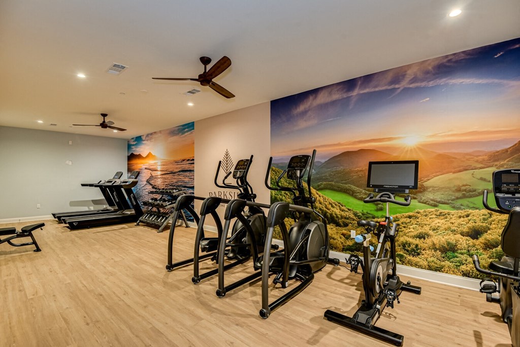 A gym with a wall mural of a sunset over a golf course.