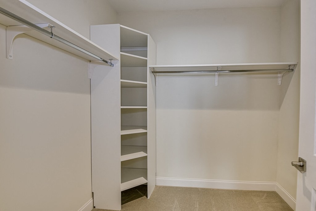 A white closet with shelves and a door.