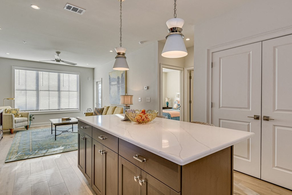 A kitchen with a white countertop and wooden cabinets.