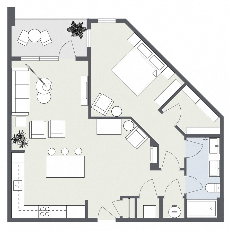 A floor plan of a house with a kitchen, living room, dining room, and bathroom.