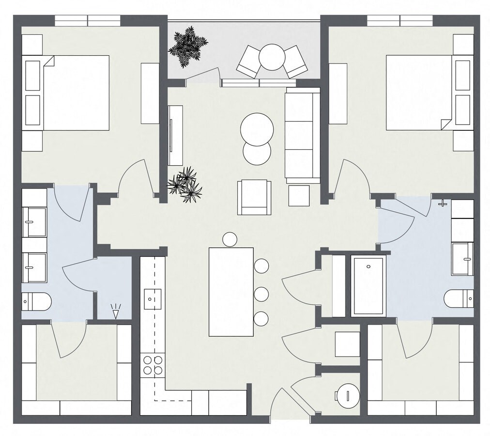 A floor plan of a house with a living room, kitchen, and dining area.
