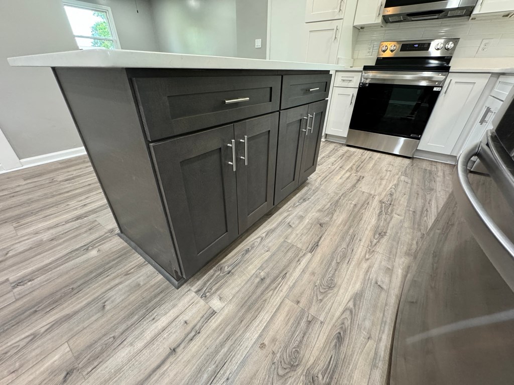 a kitchen with wood flooring and a counter top with black cabinets