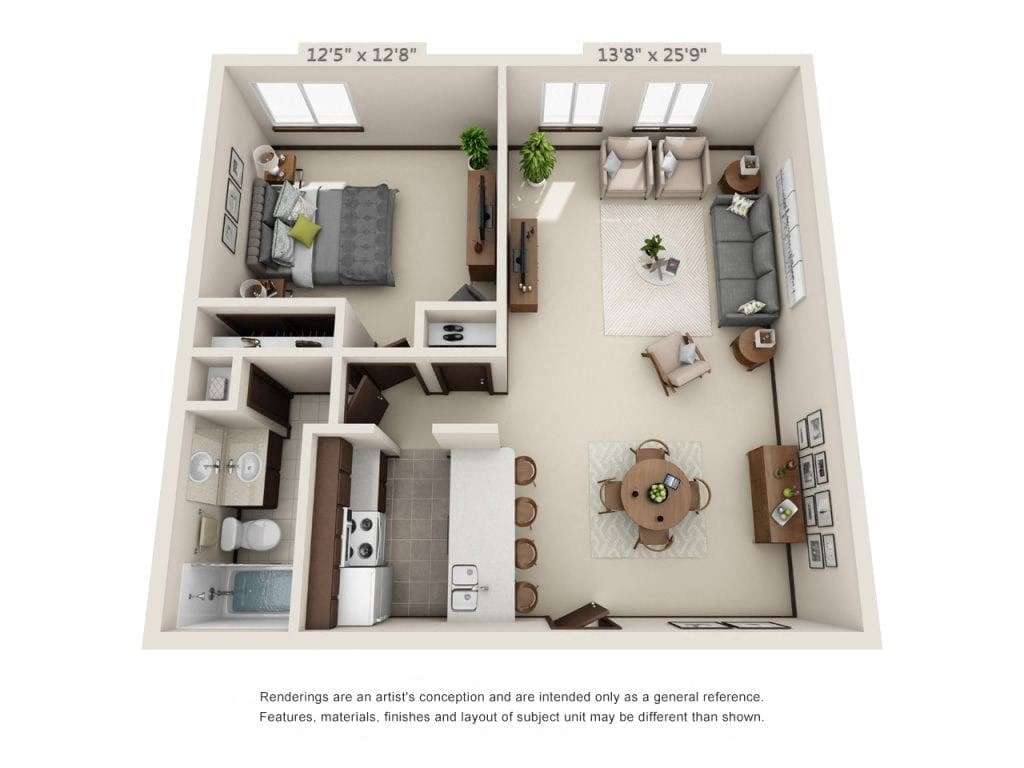 a 1 bedroom floor plan with a bathroom and a living room