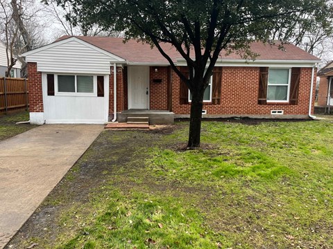 A red brick house with a white door and a tree in front.