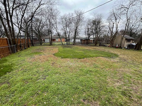 A backyard with a fence and trees.