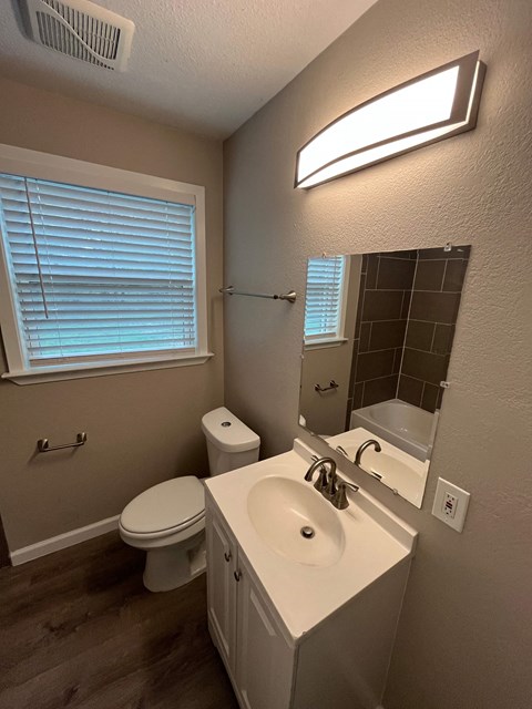 A bathroom with a toilet, sink, and mirror.