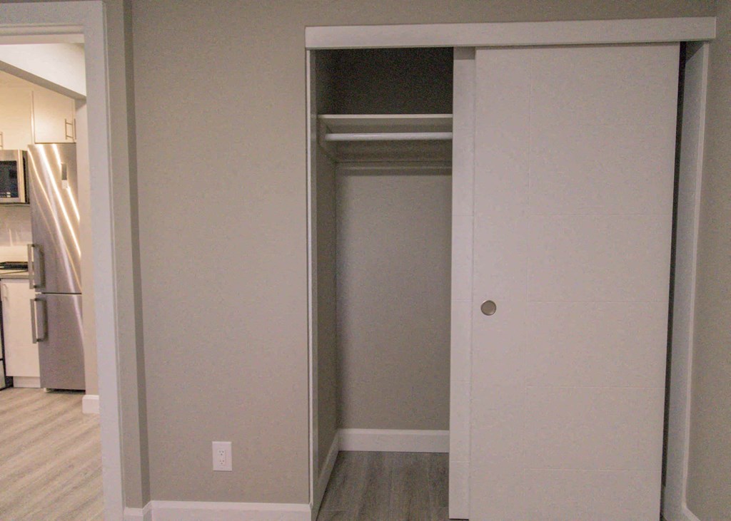 a closet with a sliding door in a kitchen