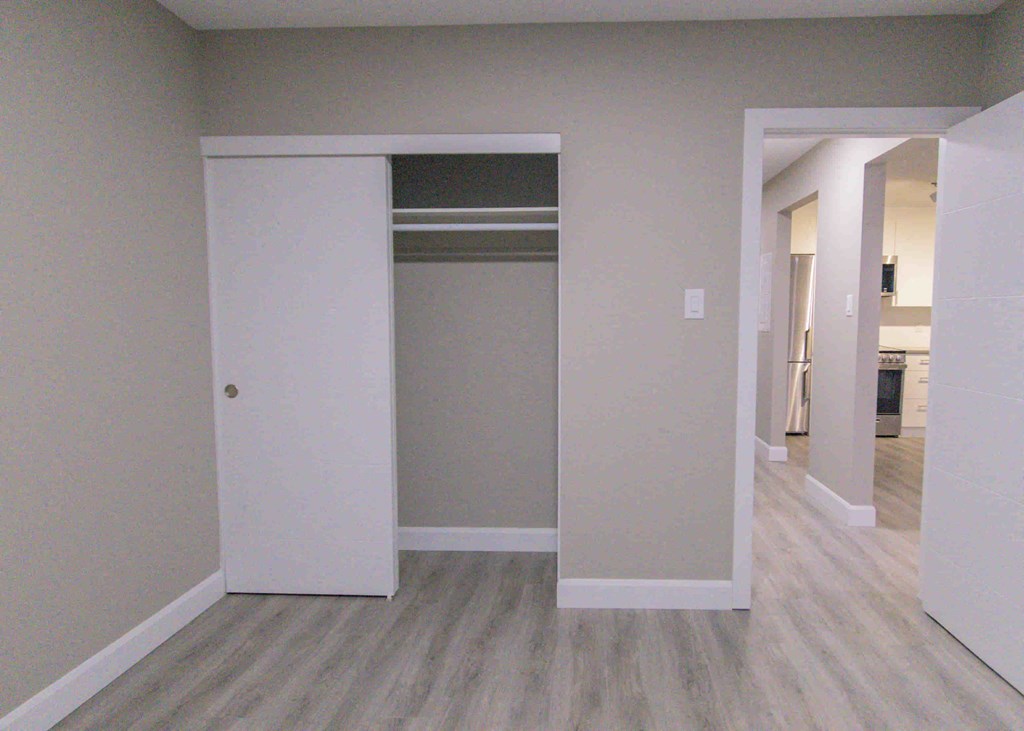 a bedroom with a closet and a hard wood floor