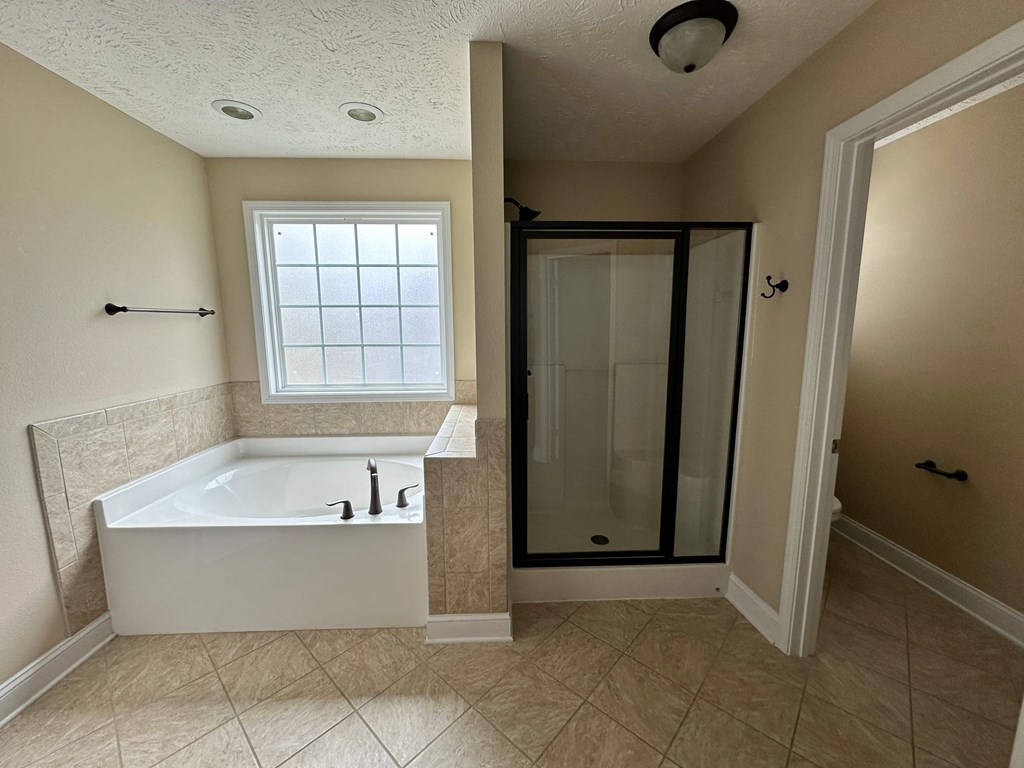 a bathroom with a tub and a shower and a window