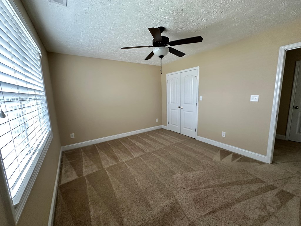 a living room with carpet and a ceiling fan